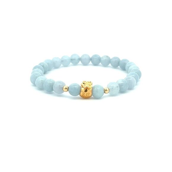 18K Gold Money Bag Lucky Charm Beads Bracelet Gemstones Aquamarine 6mm
